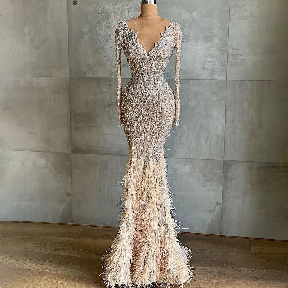 Sexy Feather V Neck Wedding Dresses Beaded Sequined Long Sleeves Mermaid Bridal Gowns Custom Made Vestidos De Novia
Sexy Feather V Neck Wedding Dresses Beaded Sequined Long Sleeves Mermaid Bridal Gowns Custom Made Vestidos De Novia