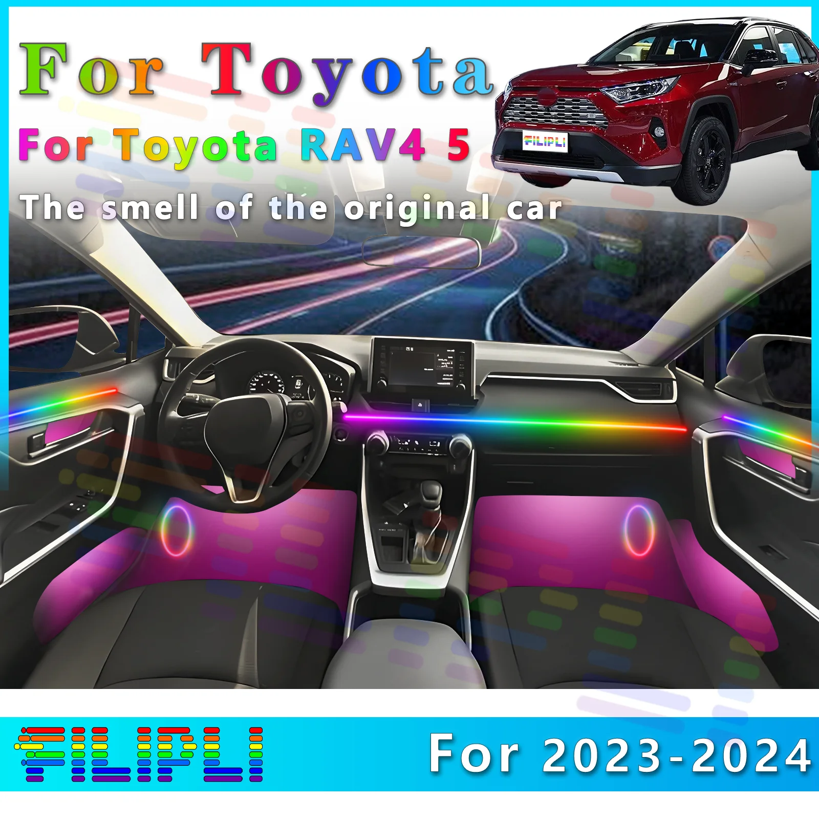 FILIPLI для Toyota RAV4 5 2023-2024 светодиодная лента внутреннего освещения с опциями регулировки освещения и всеми 64 цветами
FILIPLI для Toyota RAV4 5 2023-2024 светодиодная лента внутреннего освещения с опциями регулировки освещения и всеми 64 цветами