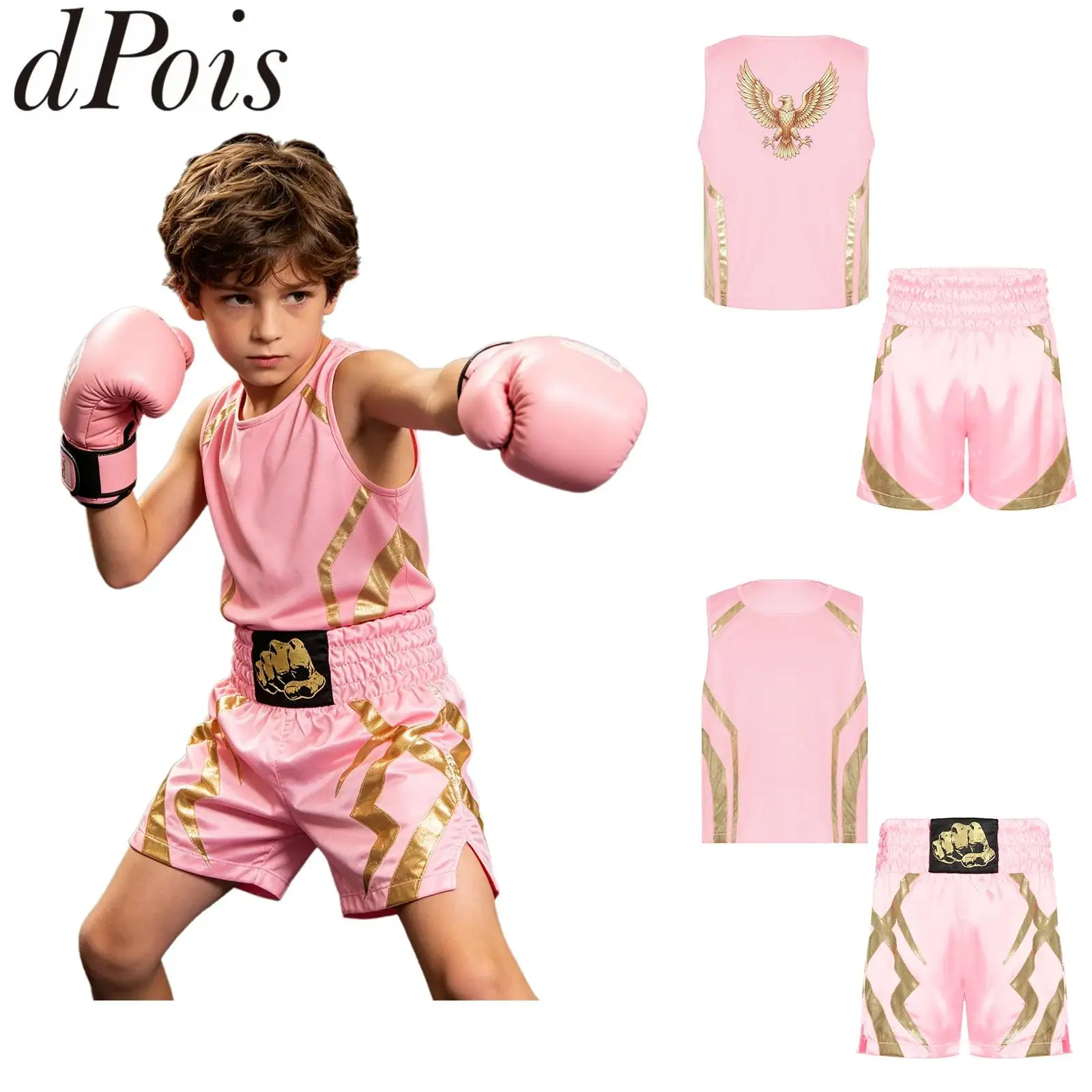 Kids Boys Two-piece Boxing Uniform Metallic Trim Eagle Printed Vest with Elastic Waistband Satin Shorts for Training Competition
Kids Boys Two-piece Boxing Uniform Metallic Trim Eagle Printed Vest with Elastic Waistband Satin Shorts for Training Competition