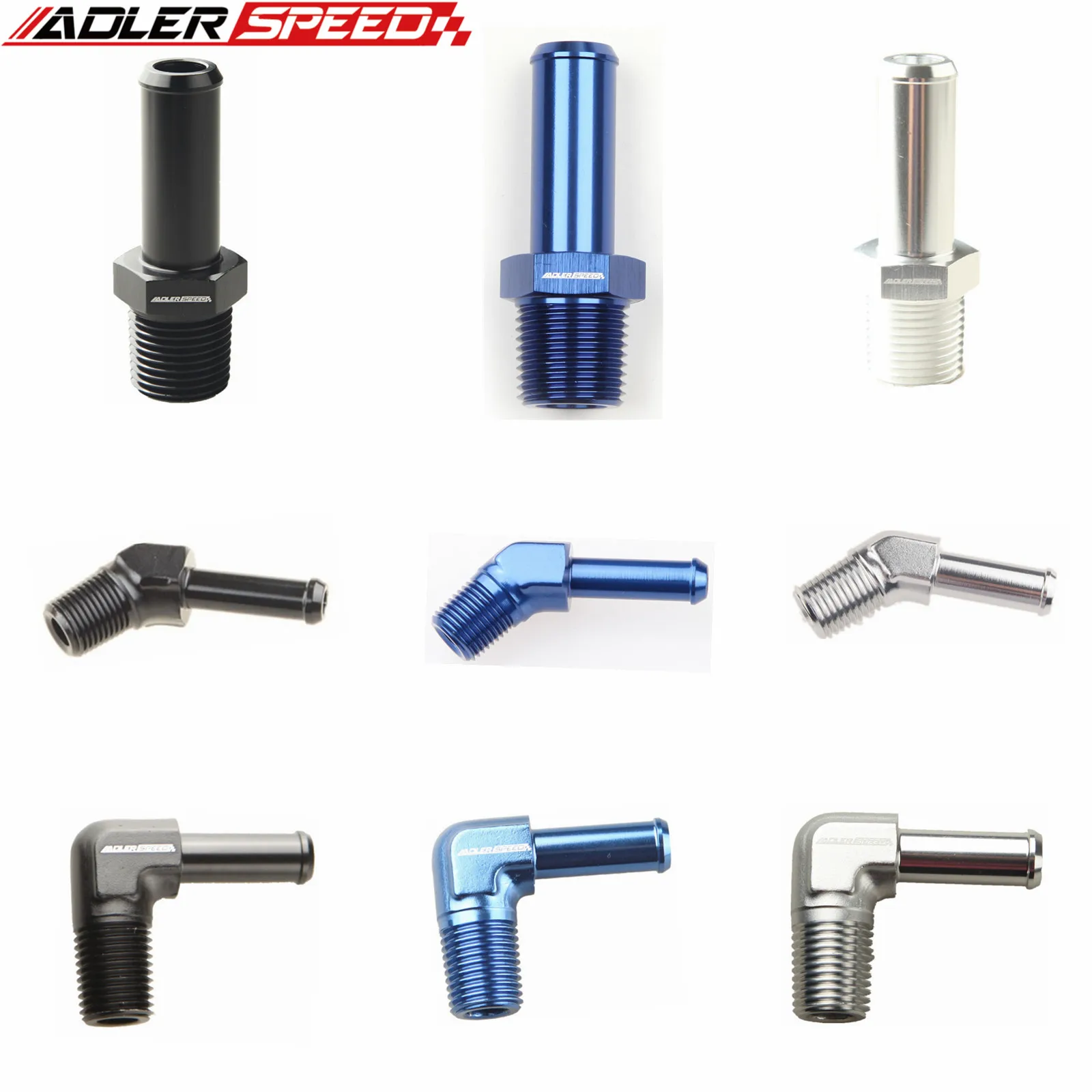 Straight/45 Deg/90 Deg(1/8"NPT To 1/4")(1/4" NPT To 3/8")(1/8" NPT To 3/16")(1/2" NPT To5/8") Hose Barb Fitting Adapter Aluminum
Straight/45 Deg/90 Deg(1/8"NPT To 1/4")(1/4" NPT To 3/8")(1/8" NPT To 3/16")(1/2" NPT To5/8") Hose Barb Fitting Adapter Aluminum