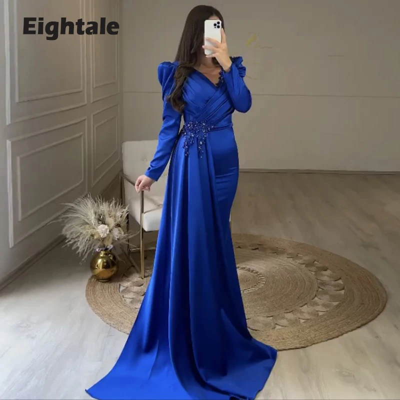 Eightale Blue Evening Dress for Wedding Party Satin V-Neck Appliques Beaded Elegant Mermaid Prom Gowns Long Sleeves
Eightale Blue Evening Dress for Wedding Party Satin V-Neck Appliques Beaded Elegant Mermaid Prom Gowns Long Sleeves