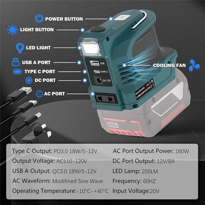 FAST-For 18V Li- Battery 180W Power Inverter With LED Work Light DC 12V Outlet Powered By USB/Type-C EU PLUG
FAST-For 18V Li- Battery 180W Power Inverter With LED Work Light DC 12V Outlet Powered By USB/Type-C EU PLUG