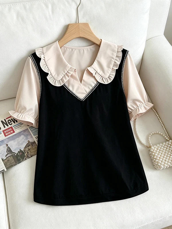 plus Size Summer Shirt Korean Style Short Sleeve Concealed Belly Doll Collar Splice Fake Two-Piece Slimming Top for Women
plus Size Summer Shirt Korean Style Short Sleeve Concealed Belly Doll Collar Splice Fake Two-Piece Slimming Top for Women