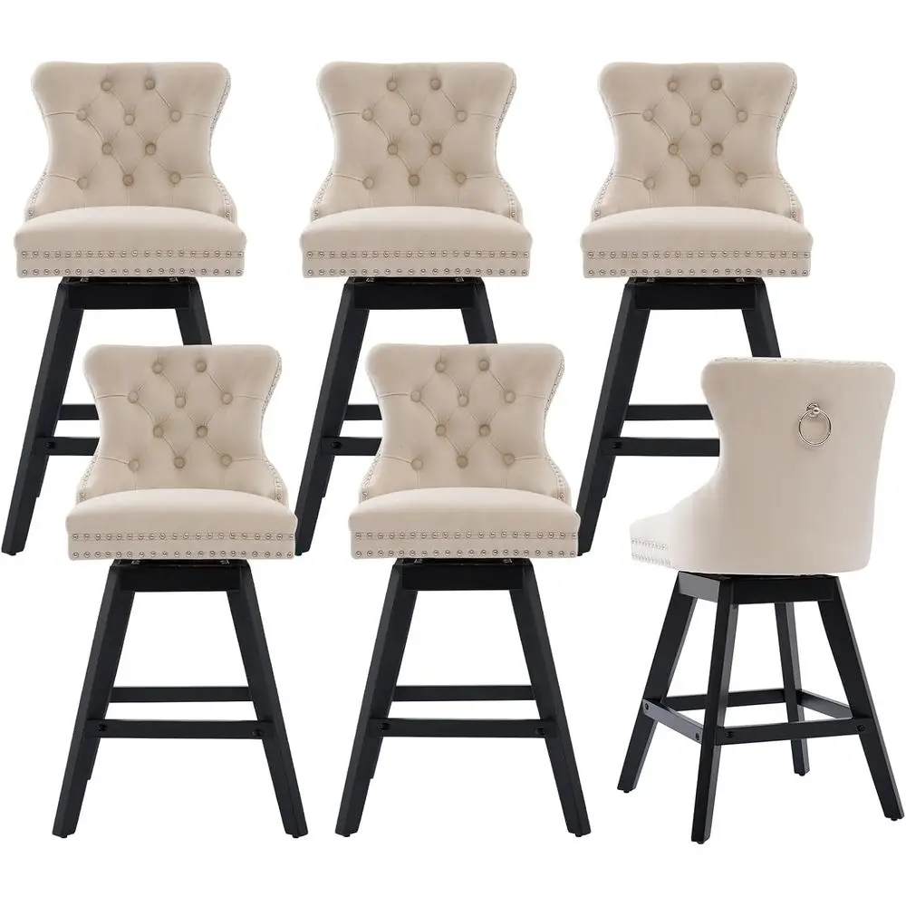 Set of 6 Velvet Swivel Bar Stools with Back, 26 High, Beige Upholstered Counter Chairs on Solid Wood Legs
Set of 6 Velvet Swivel Bar Stools with Back, 26 High, Beige Upholstered Counter Chairs on Solid Wood Legs