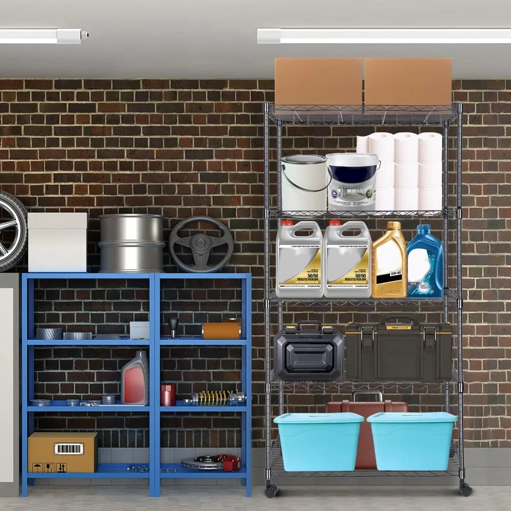 5-Tier Adjustable Storage Shelves with Wheels, 400 lbs per Shelf, Heavy-Duty for Kitchen, Garage, Office Use
5-Tier Adjustable Storage Shelves with Wheels, 400 lbs per Shelf, Heavy-Duty for Kitchen, Garage, Office Use