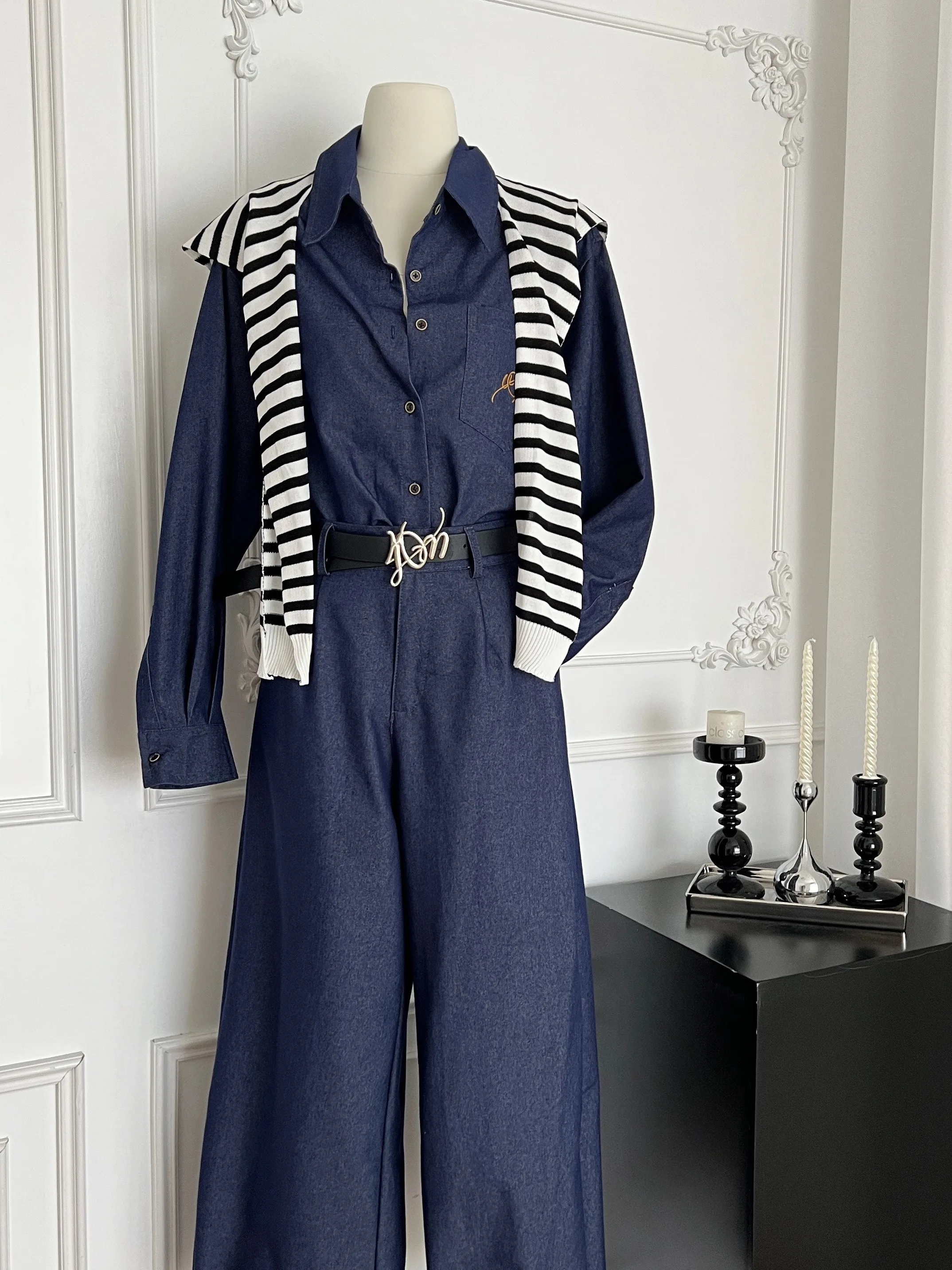 Loose Long Sve Denim irt Women's High Waist Wide Leg Pants Stripe oulder Wrap Tee Piece Set Autumn Faion Outfit
Loose Long Sve Denim irt Women's High Waist Wide Leg Pants Stripe oulder Wrap Tee Piece Set Autumn Faion Outfit