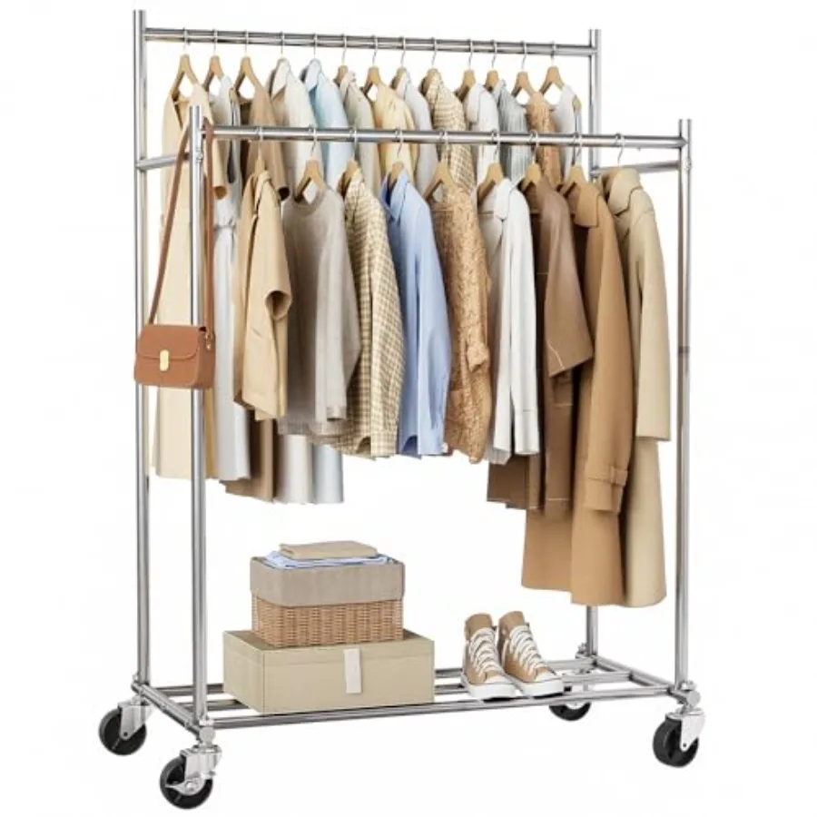 Clothes Rack, Double Rods Rolling Clothing Rack for Hanging Clothes load 400LBS, Portable Garment Coat Rack with Wheels Wardrob
Clothes Rack, Double Rods Rolling Clothing Rack for Hanging Clothes load 400LBS, Portable Garment Coat Rack with Wheels Wardrob
