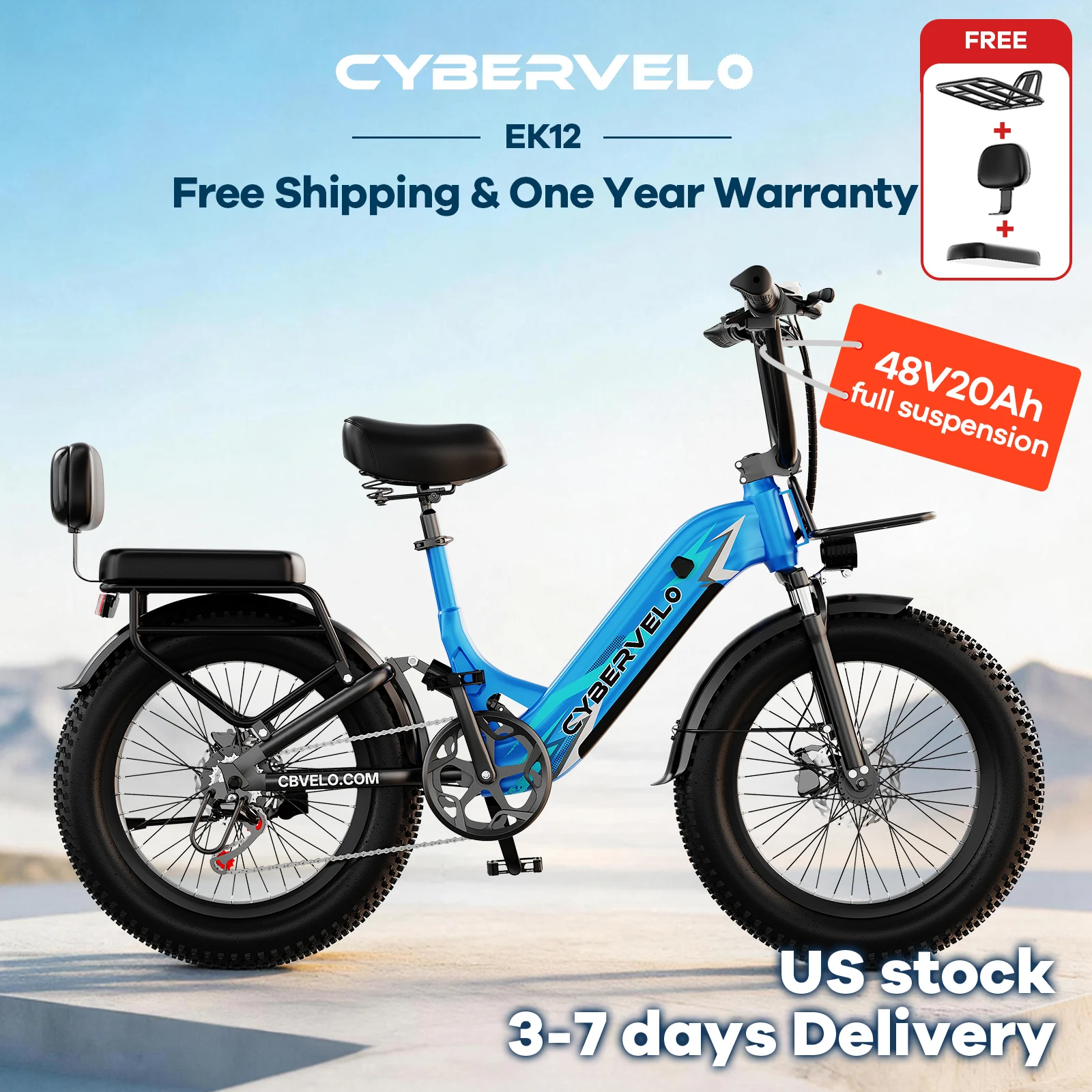 1000W Peak 20" Fat Tire Step-Thru Electric Bike, Shimano 7-Speed City Commuter Ebike, 48V 20AH Removable Battery for Adults Cybervelo EK12
1000W Peak 20" Fat Tire Step-Thru Electric Bike, Shimano 7-Speed City Commuter Ebike, 48V 20AH Removable Battery for Adults Cybervelo EK12