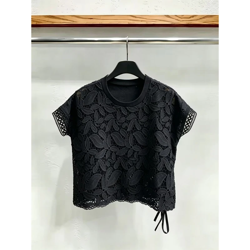 Loose Fit round Neck Lace Embroidery Shirt Women's Short Sleeve Knot Tunic Top Korean Style Summer New Design Breathable
Loose Fit round Neck Lace Embroidery Shirt Women's Short Sleeve Knot Tunic Top Korean Style Summer New Design Breathable