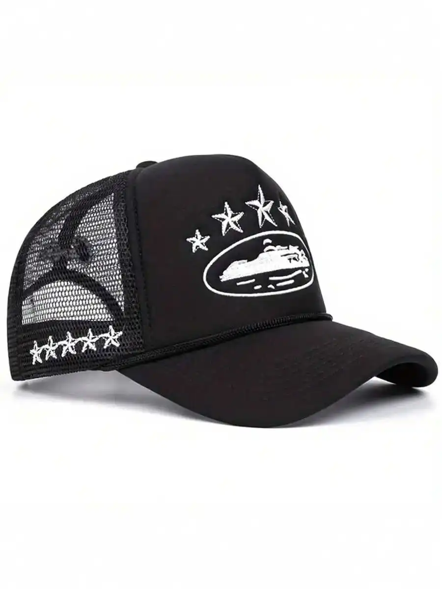 Black Mesh Snapback Cap With Star Embroidery And Boat Design
Black Mesh Snapback Cap With Star Embroidery And Boat Design