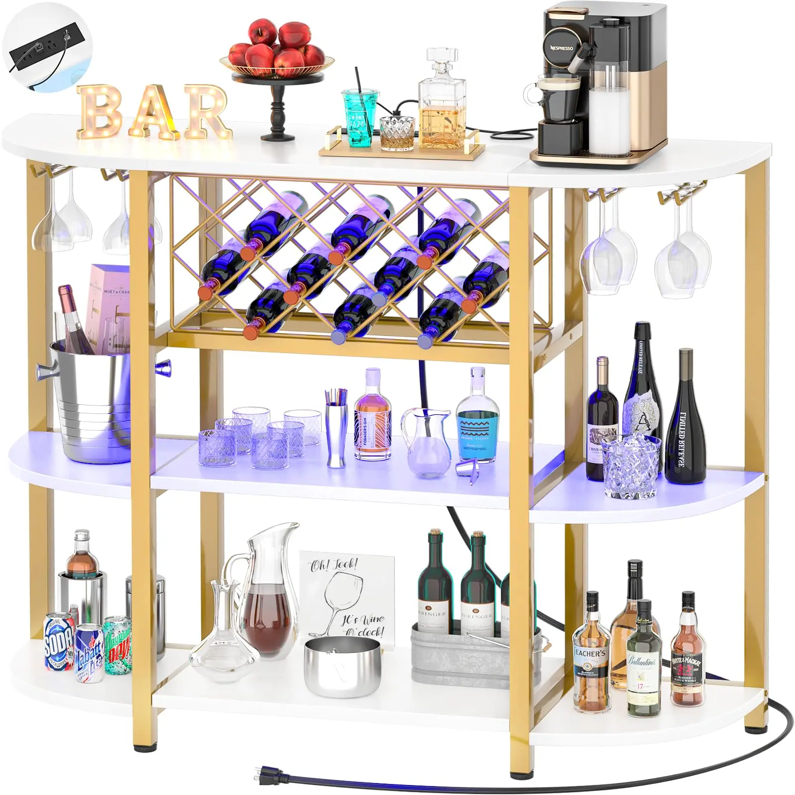 Four-Tier Freestanding Bar Cabinet With Built-In Outlet, LED Lighting, Wine Rack, Glass Holder And Storage For Kitchen Dining
Four-Tier Freestanding Bar Cabinet With Built-In Outlet, LED Lighting, Wine Rack, Glass Holder And Storage For Kitchen Dining