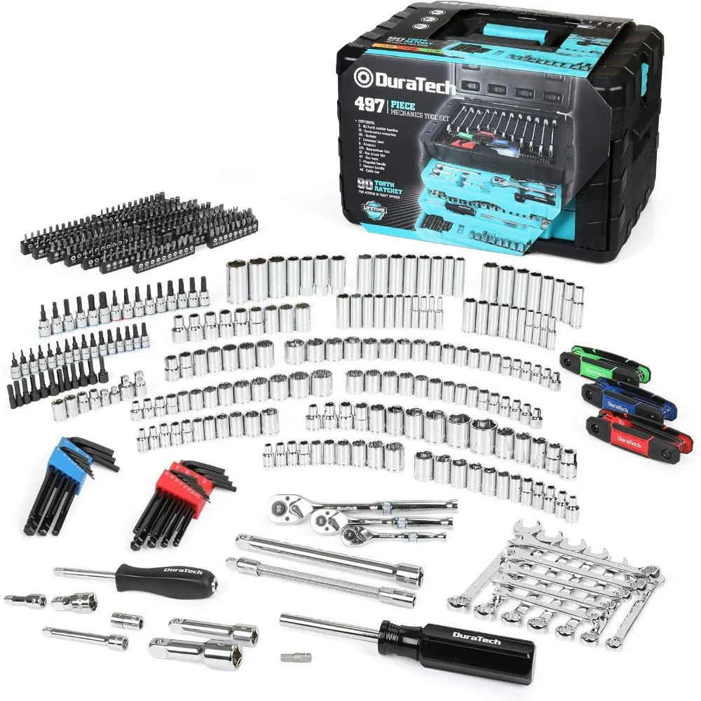 497-Piece Mechanics Tool Set, Include SAE/Metric Sockets, 90-Tooth Ratchet and Wrench Set in 3 Drawer Tool Box
497-Piece Mechanics Tool Set, Include SAE/Metric Sockets, 90-Tooth Ratchet and Wrench Set in 3 Drawer Tool Box