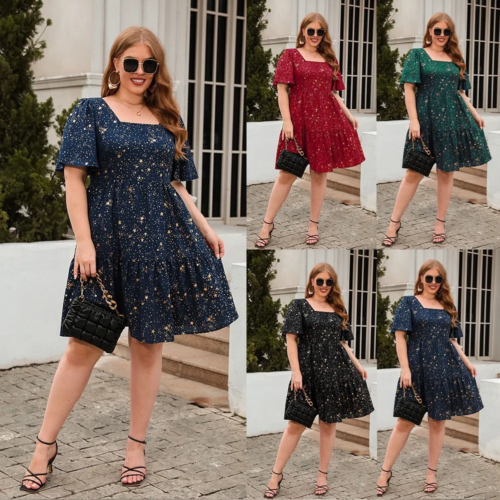 Summer Woman Dress Square Neck Short Sleeve A Line Dresses Women's Foil Print Party Dress Navy Blue Evening Dress Elegant
Summer Woman Dress Square Neck Short Sleeve A Line Dresses Women's Foil Print Party Dress Navy Blue Evening Dress Elegant