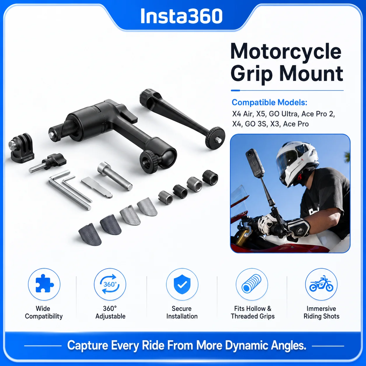 Insta360 Motorcycle Handlebar Grip Mount Universal Ball Head Holder for X5 X4 Air GO Ultra Ace Pro 2 X4 GO 3S X3 Ace Pro
Insta360 Motorcycle Handlebar Grip Mount Universal Ball Head Holder for X5 X4 Air GO Ultra Ace Pro 2 X4 GO 3S X3 Ace Pro