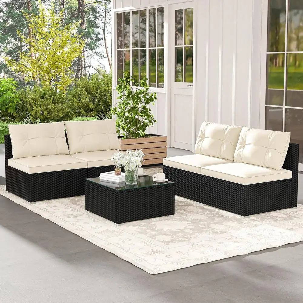 5-Piece Outdoor Sectional Sofa Set with Tempered Glass Table, Cushions, Ideal for Patio, Deck, and Backyard
5-Piece Outdoor Sectional Sofa Set with Tempered Glass Table, Cushions, Ideal for Patio, Deck, and Backyard