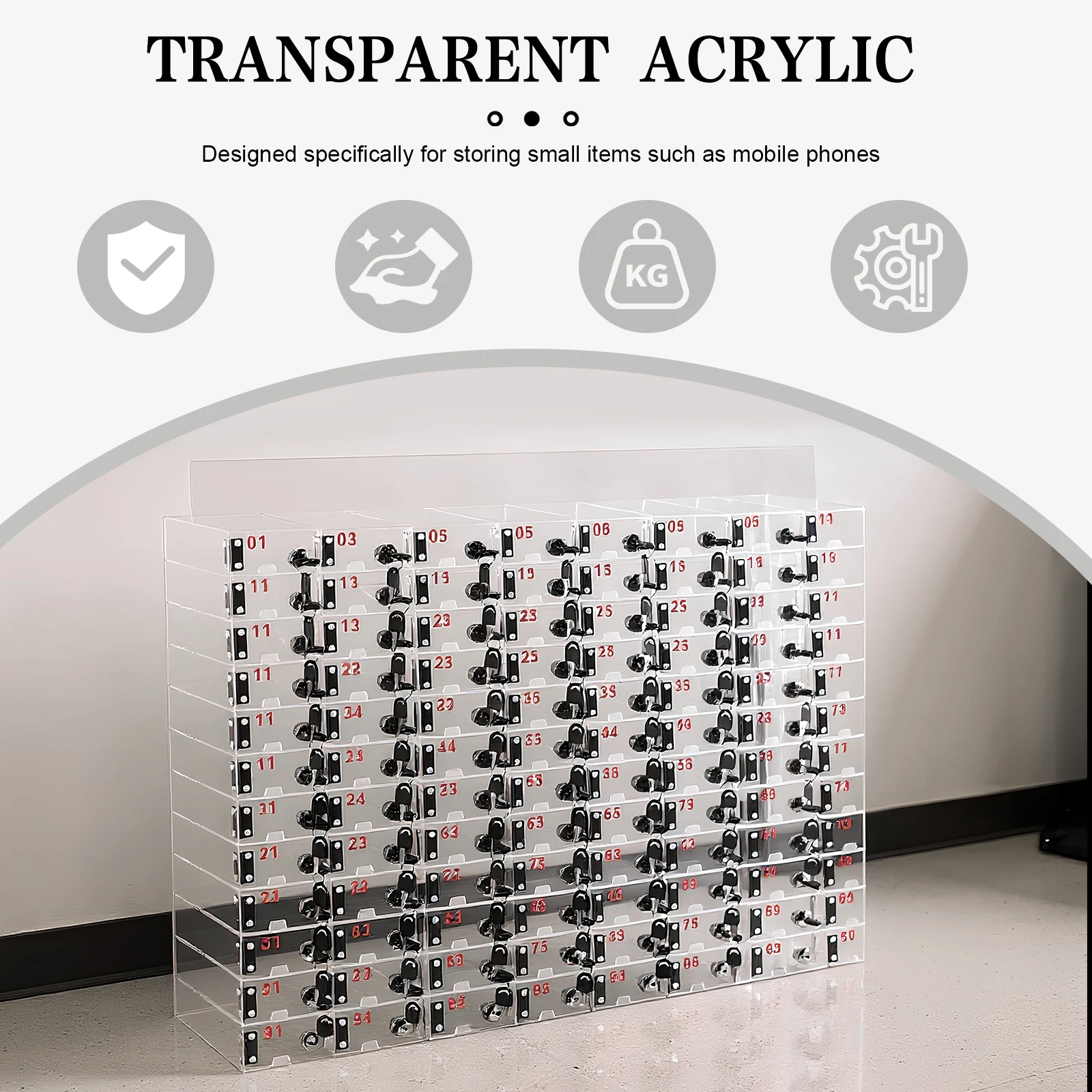 100 Slots Phone Storage Cabinet with Door Locks and Keys Cell Phone Storage Locker Box Clear Acrylic for School Factory Office
100 Slots Phone Storage Cabinet with Door Locks and Keys Cell Phone Storage Locker Box Clear Acrylic for School Factory Office