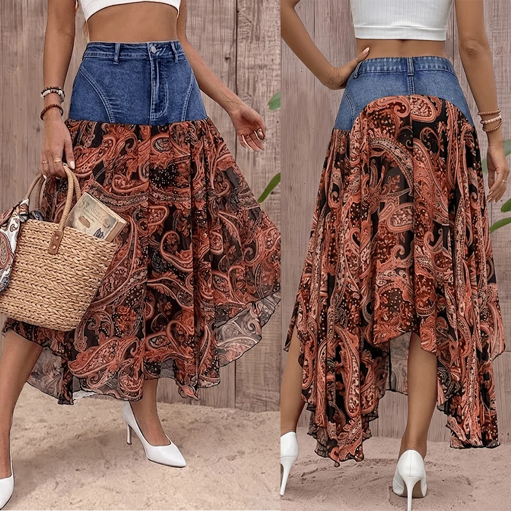 Loose Printed Chiffon Denim Half Skirt Fashionable Women's High Waist A-Line Skirt Summer Season Buttoning Style
Loose Printed Chiffon Denim Half Skirt Fashionable Women's High Waist A-Line Skirt Summer Season Buttoning Style