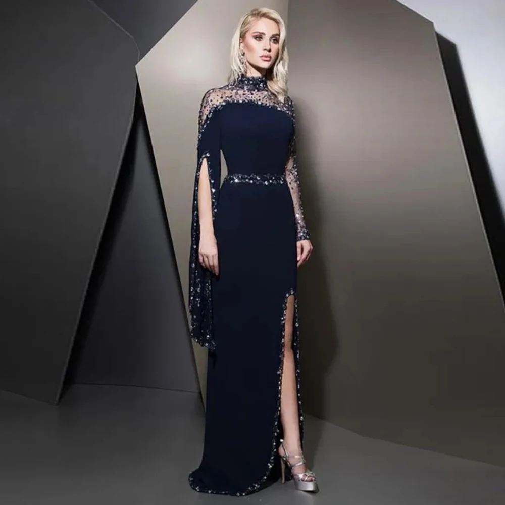 Exquisite High Neck Long Sleeves Evening Dress with Beading Side Slit Straight Floor Length Women Customized Wedding Party Gown
Exquisite High Neck Long Sleeves Evening Dress with Beading Side Slit Straight Floor Length Women Customized Wedding Party Gown