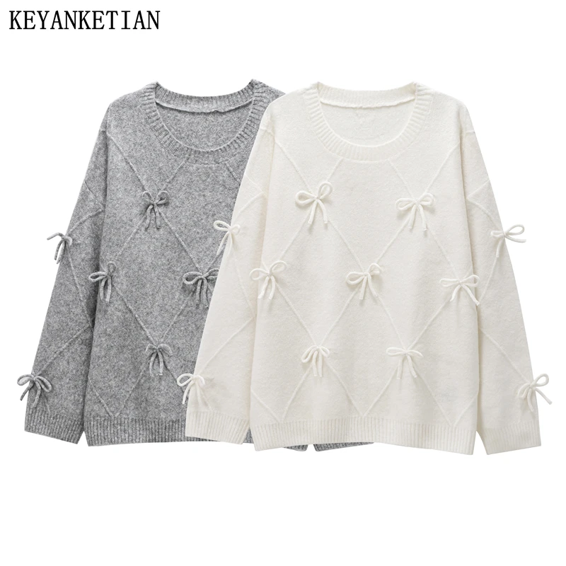 KEYANKETIAN 2025 Spring New Women Bows decorate Sweater Thin Solid color Pullover knitwear Sweet Argyle O-Neck Loose Knitted Top
KEYANKETIAN 2025 Spring New Women Bows decorate Sweater Thin Solid color Pullover knitwear Sweet Argyle O-Neck Loose Knitted Top