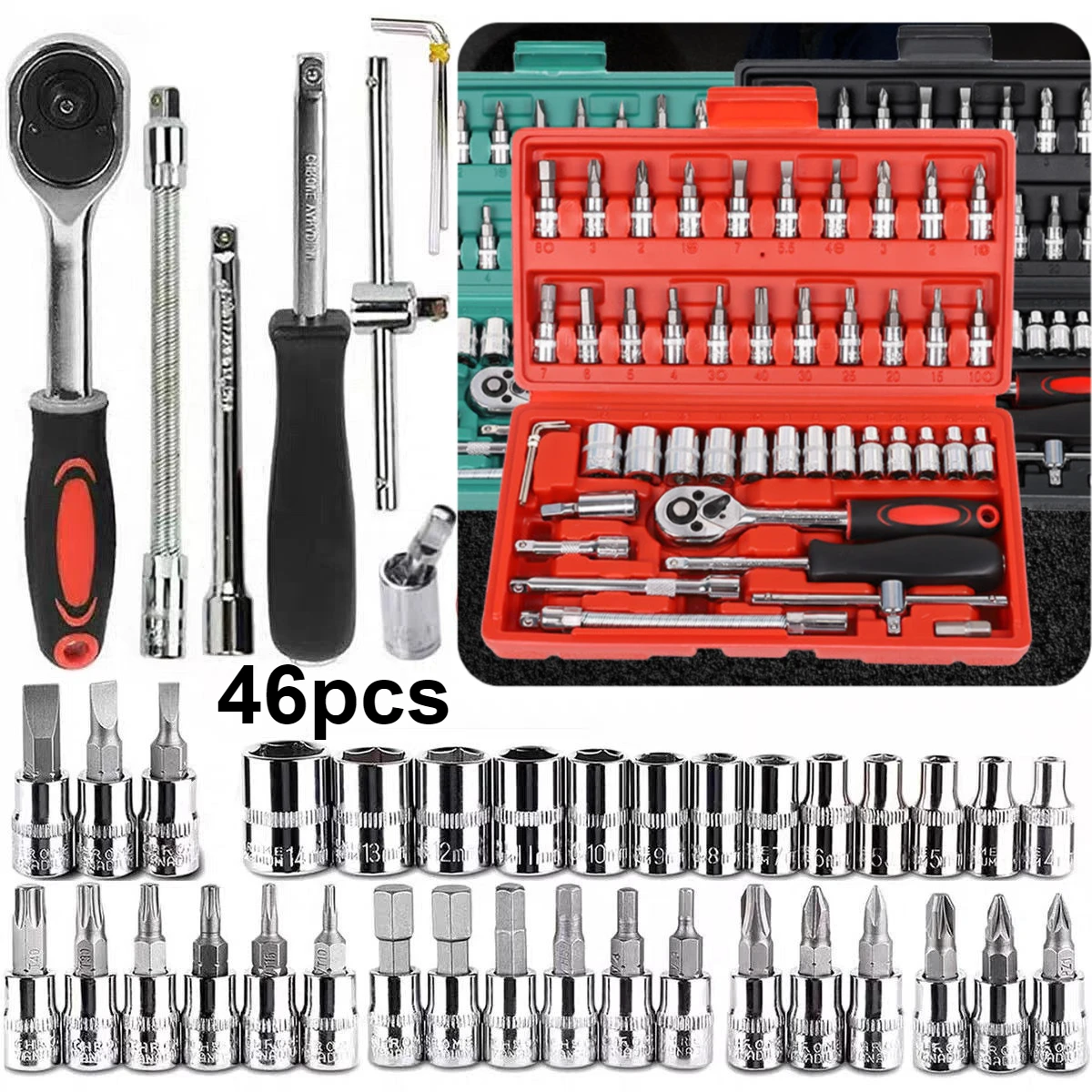 46Pcs Car Repair Tool Kit 1/4 Inch Socket Set Ratchet Wrench Socket Wrenches Hex Key Screwdrivers Car Repair Set Mechanical Tool
46Pcs Car Repair Tool Kit 1/4 Inch Socket Set Ratchet Wrench Socket Wrenches Hex Key Screwdrivers Car Repair Set Mechanical Tool