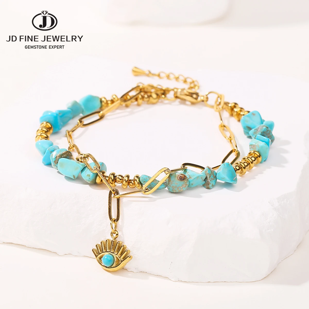 JD Natural Blue Turquoises Stone Devil's Eye Pendant Chain Double Layer Bracelet Women Bohemian Handmade Stainless Steel Jewelry
JD Natural Blue Turquoises Stone Devil's Eye Pendant Chain Double Layer Bracelet Women Bohemian Handmade Stainless Steel Jewelry