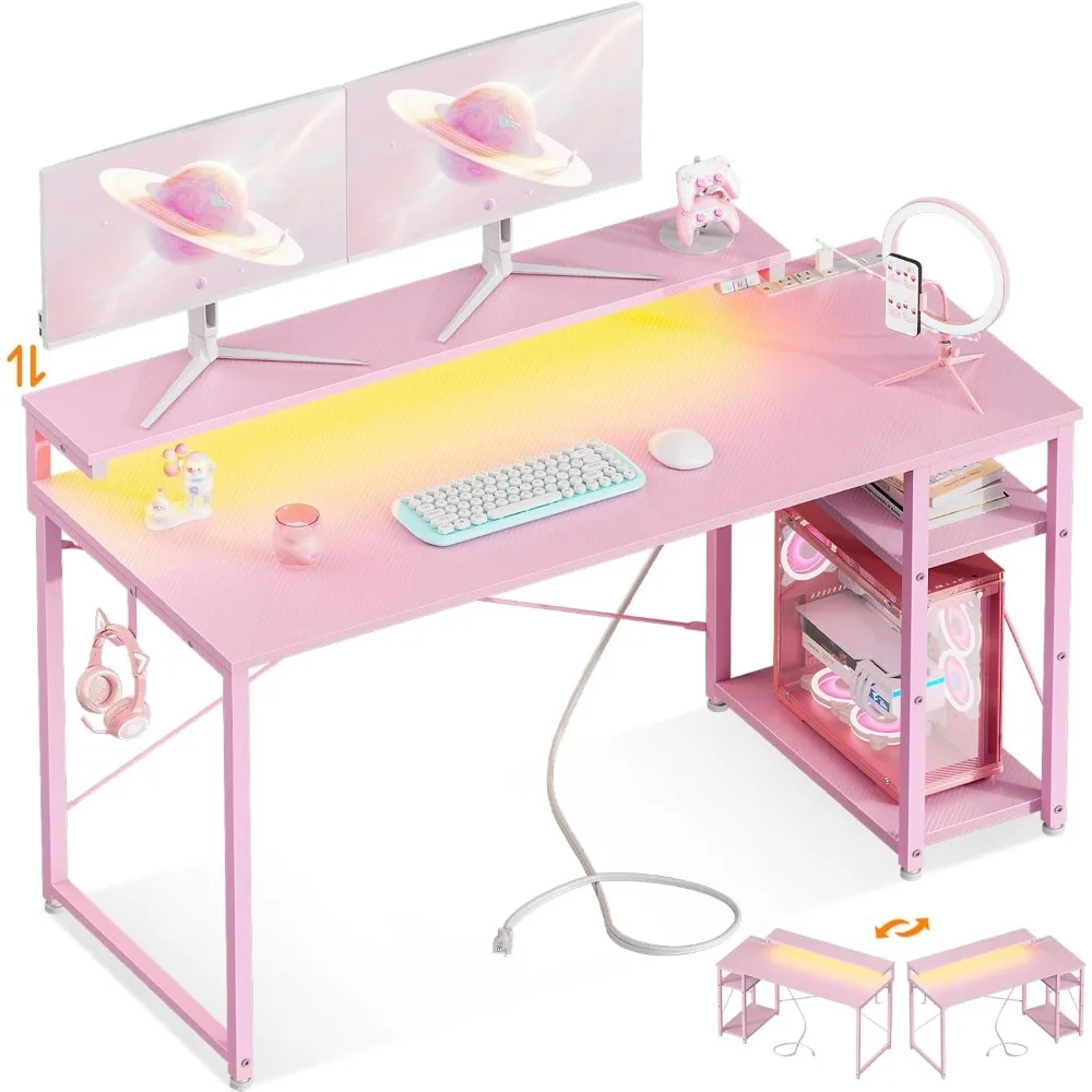 Gaming Desk with Led Lights & Power Outlet, 47 Inch Computer Desk with Shelves, Reversible Gamer Table with Adjustable Monitor
Gaming Desk with Led Lights & Power Outlet, 47 Inch Computer Desk with Shelves, Reversible Gamer Table with Adjustable Monitor