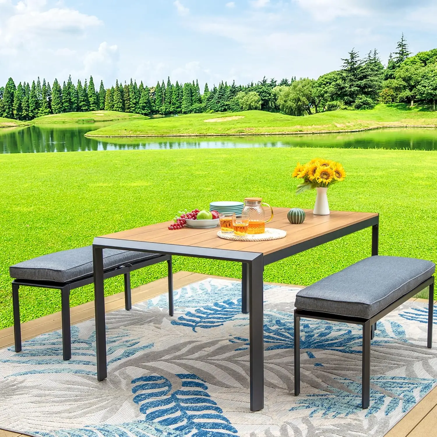 Aluminum Patio Dining Set 3pc 63" Table 42" Benches Cushioned Lawn Backyard, Customized
Aluminum Patio Dining Set 3pc 63" Table 42" Benches Cushioned Lawn Backyard, Customized