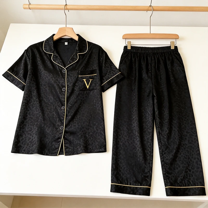 Light Luxury High-End Ice Silk Pajamas for Women's Summer New Black Leopard Print Short Sleeved Pants for Home Wear Sleepwear
Light Luxury High-End Ice Silk Pajamas for Women's Summer New Black Leopard Print Short Sleeved Pants for Home Wear Sleepwear
