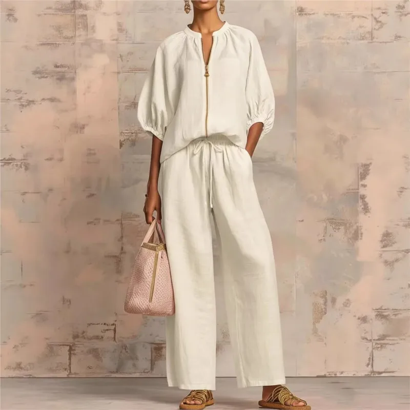 Women Solid 2 Piece Set Chic Laple Zipper Puff Sleeve Top + Wide Leg Pants Outfit Casual Matching Set for Vacation Daily Wear
Women Solid 2 Piece Set Chic Laple Zipper Puff Sleeve Top + Wide Leg Pants Outfit Casual Matching Set for Vacation Daily Wear