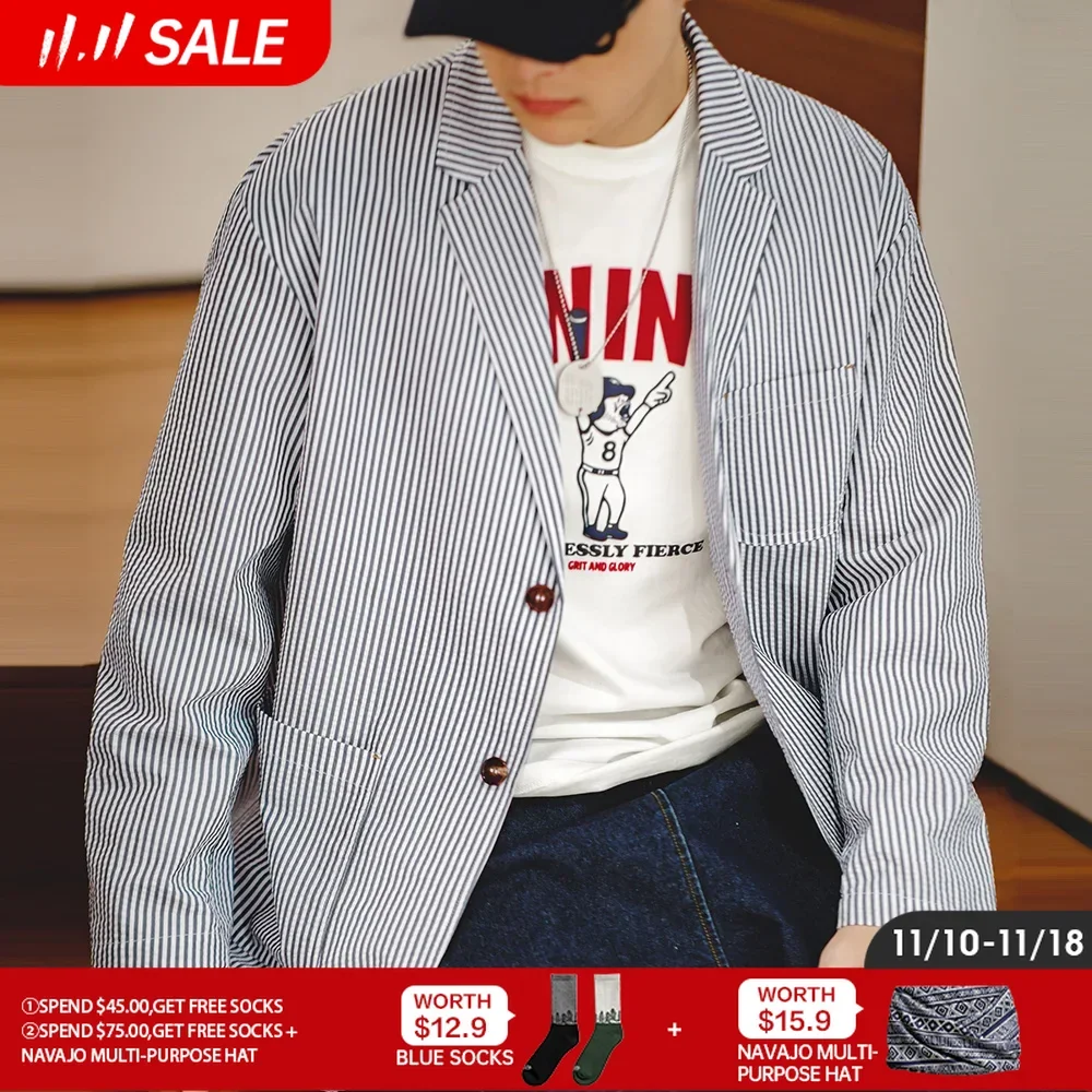 Maden Vintage Seersucker Striped Suit Cityboy Casual Flat Lapel Loose Outwear Jackets for Men's Spring And Autumn
Maden Vintage Seersucker Striped Suit Cityboy Casual Flat Lapel Loose Outwear Jackets for Men's Spring And Autumn