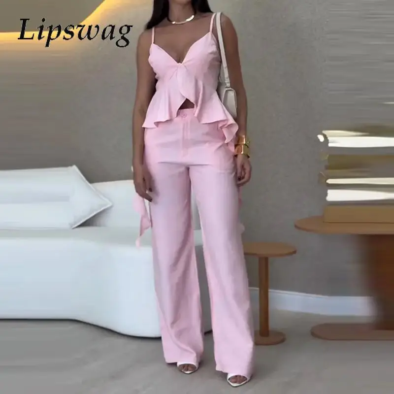 Casual Sleeveless Loose Suits Elegant V-neck Sling Tops & Straight Pants Sets Women Fashion Ruffled Solid Commuter 2Pc Outfits 
Casual Sleeveless Loose Suits Elegant V-neck Sling Tops & Straight Pants Sets Women Fashion Ruffled Solid Commuter 2Pc Outfits