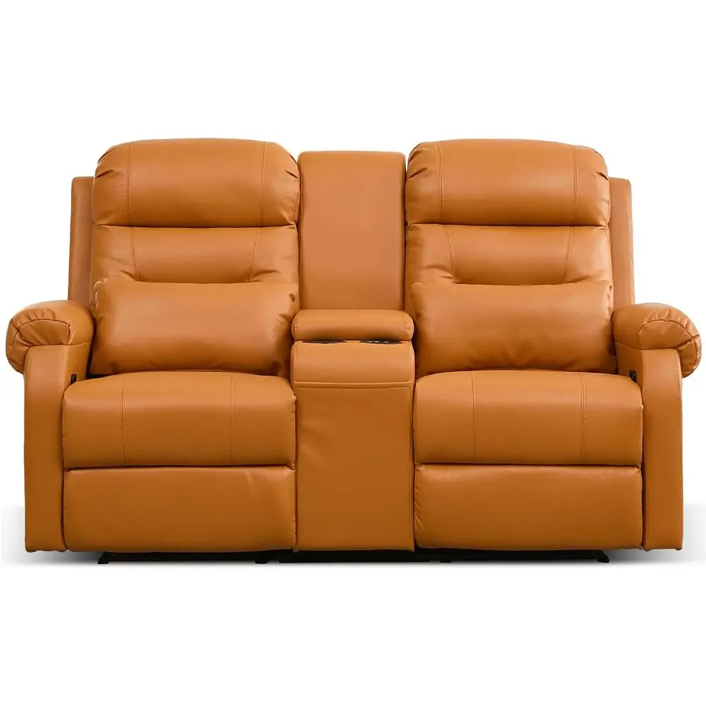 2 Person Reclining Loveseat with Cup Holders, Storage, and Lumbar Pillow, Orange Leatherette
2 Person Reclining Loveseat with Cup Holders, Storage, and Lumbar Pillow, Orange Leatherette