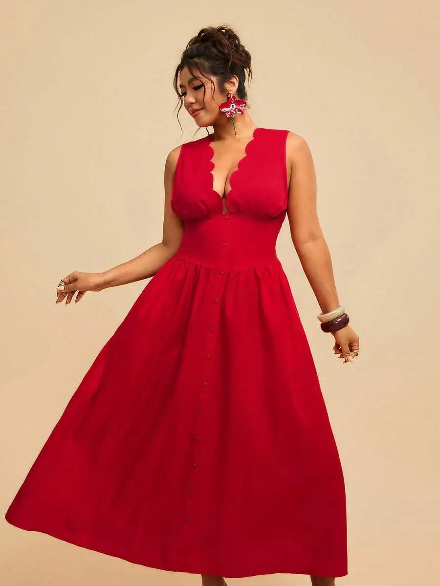 Plus Size Red Sleeveless V-Neck Scalloped Trim Cinched Waist A-Line Maxi Dress Button Front Elegant Summer Vacation Dress
Plus Size Red Sleeveless V-Neck Scalloped Trim Cinched Waist A-Line Maxi Dress Button Front Elegant Summer Vacation Dress