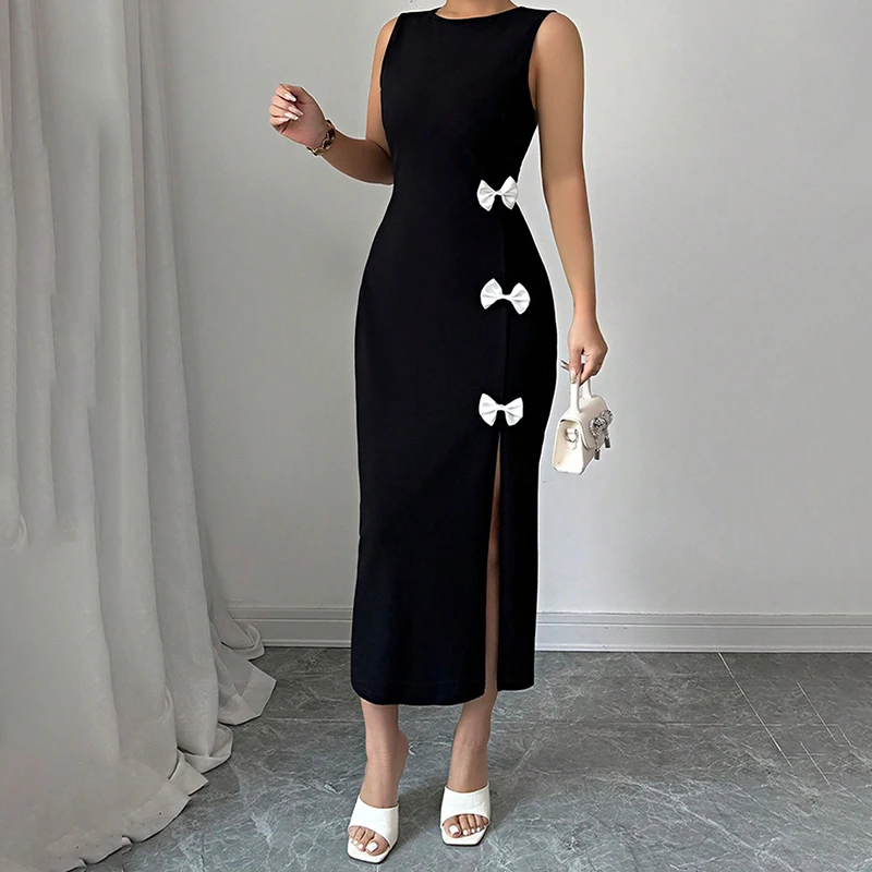 Temperament O-Neck Sleeveless Women Black Dress 2025 New White Bow Deco Split Midi Qi Pao Elegant Lady Evening Party Dresses
Temperament O-Neck Sleeveless Women Black Dress 2025 New White Bow Deco Split Midi Qi Pao Elegant Lady Evening Party Dresses