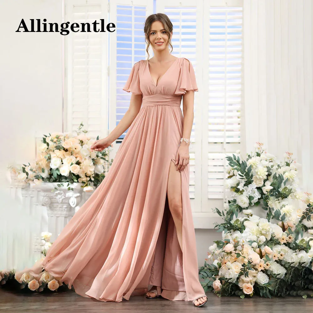 Allingentle Bridesmaid Dress A-Line V-Neck Short Sleeves Split Side Floor-Length Chiffon High Waist Lace-Up Back Customized
Allingentle Bridesmaid Dress A-Line V-Neck Short Sleeves Split Side Floor-Length Chiffon High Waist Lace-Up Back Customized