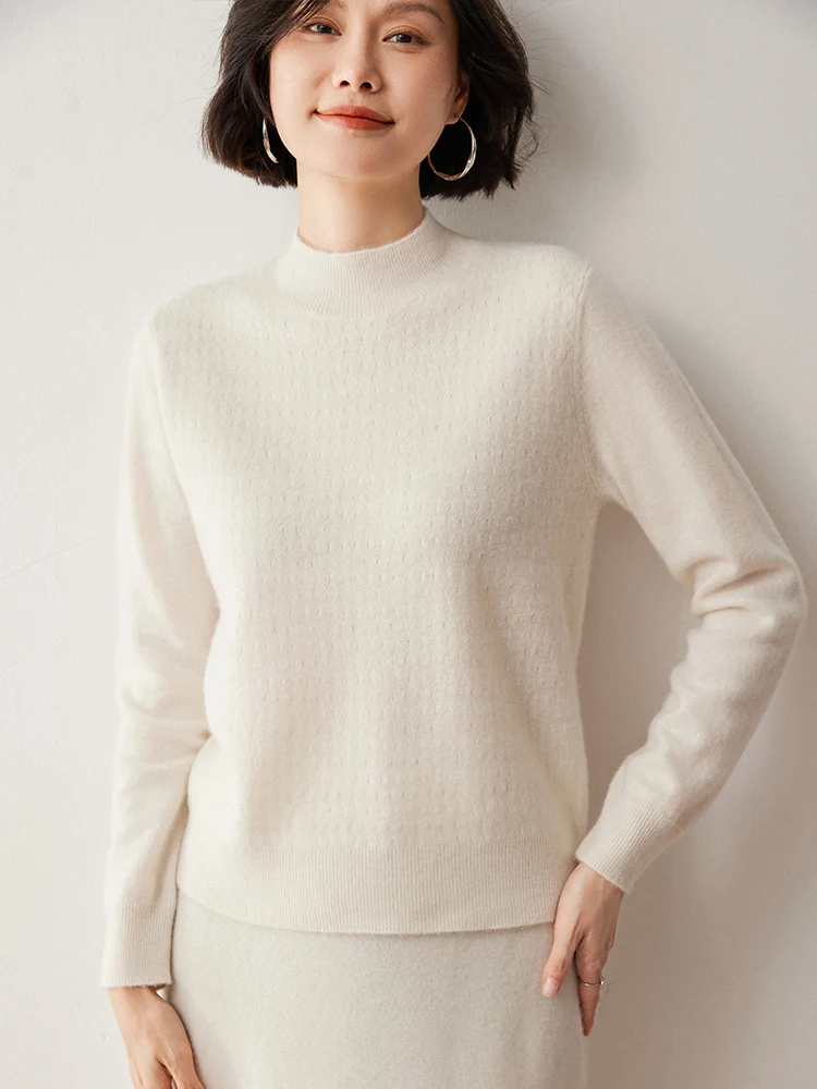 Autumn Winter Cashmere Sweater Women's Jacquard Pullover Mock Neck 100%Cashmere Knitwear Female Grace Casual Basic Soft Tops
Autumn Winter Cashmere Sweater Women's Jacquard Pullover Mock Neck 100%Cashmere Knitwear Female Grace Casual Basic Soft Tops