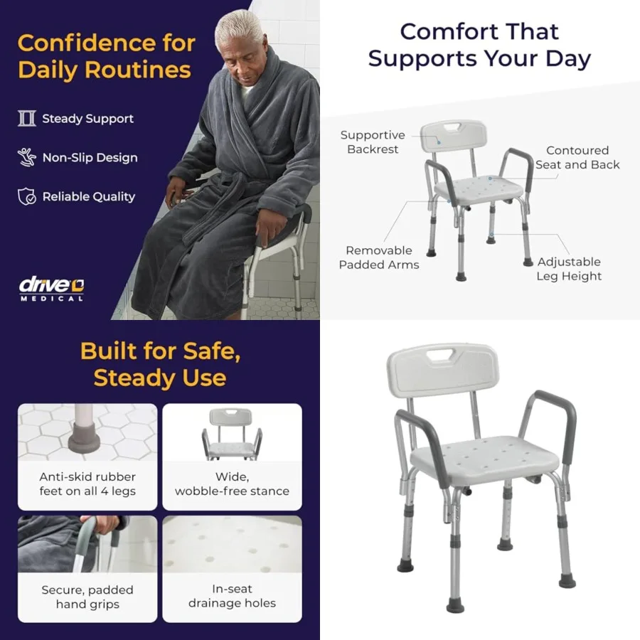 Drive Medical Shower Chair with Back and Padded Arms - Adjustable Height Bath Seat for Safety and Comfort - Lightweight Aluminu
Drive Medical Shower Chair with Back and Padded Arms - Adjustable Height Bath Seat for Safety and Comfort - Lightweight Aluminu
