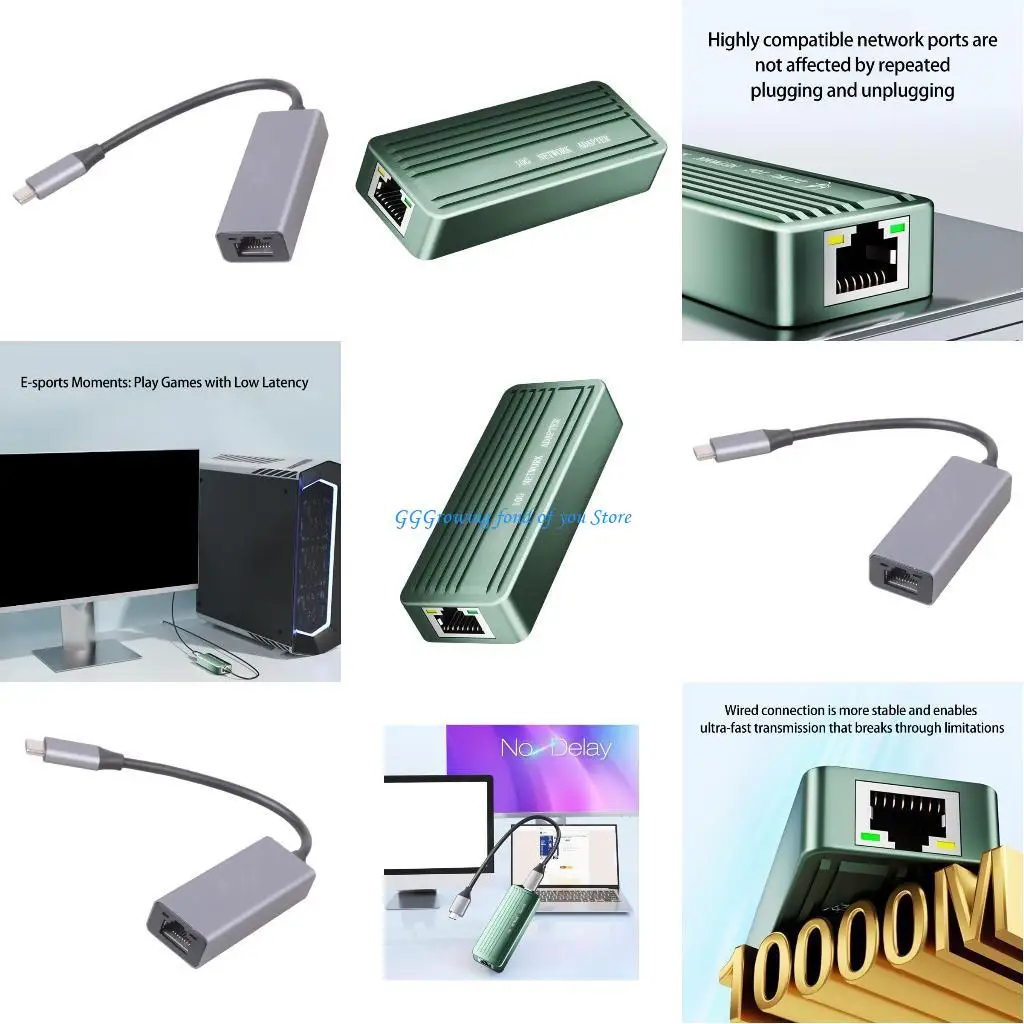 H9EB USB C Ethernet Adapter 10000Mbps Aluminum Gigabit RJ45 Port For Desktop Laptop Stable Connection