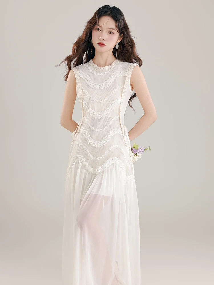 Women Lace Jacuard Patchwork Casual Long Dress Summer Sleeveless Chic Casual Holiday Dress 2026 Korean Elegant Bow Bandage Dress
Women Lace Jacuard Patchwork Casual Long Dress Summer Sleeveless Chic Casual Holiday Dress 2026 Korean Elegant Bow Bandage Dress