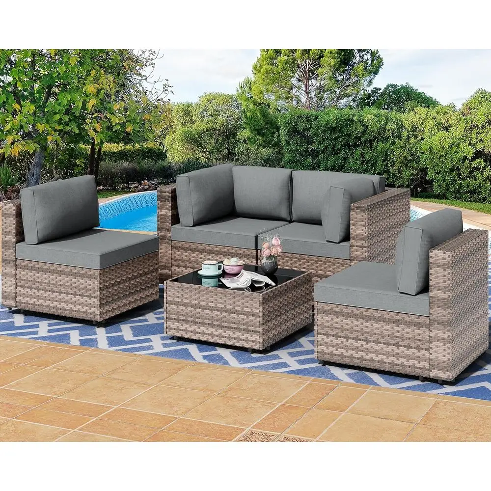 5 Piece Outdoor Patio urniture Set,Brown PE Rattan Wicker Sectional Soa, All Weather Contion Set with Washable Cushions & Glass
5 Piece Outdoor Patio urniture Set,Brown PE Rattan Wicker Sectional Soa, All Weather Contion Set with Washable Cushions & Glass