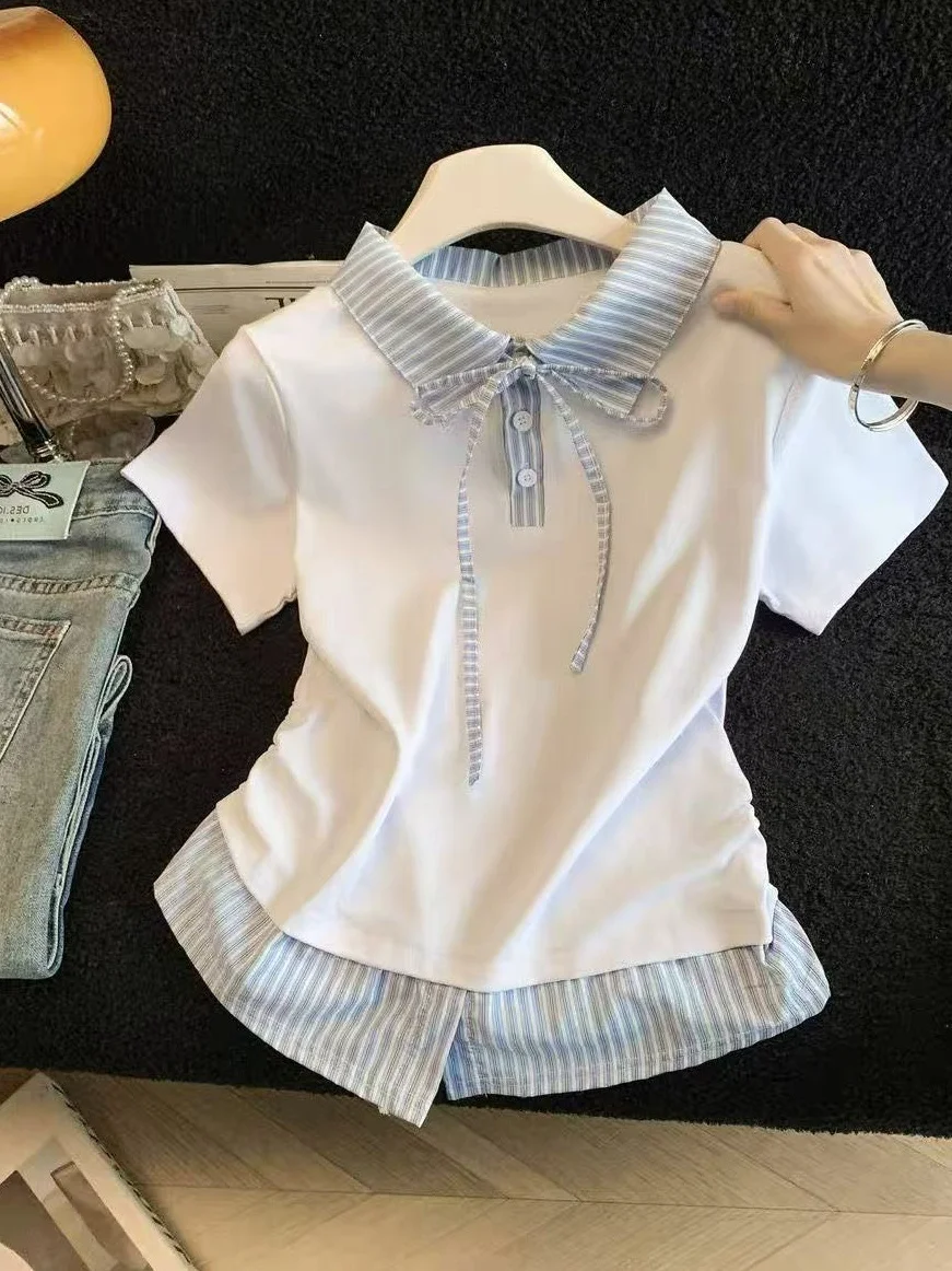 Japanese College Style Striped Collared Pure Cotton Short Sleeve T-Shirt Women Summer Slim Fit Waist Cinched Miniature Fake T...
Japanese College Style Striped Collared Pure Cotton Short Sleeve T-Shirt Women Summer Slim Fit Waist Cinched Miniature Fake T...