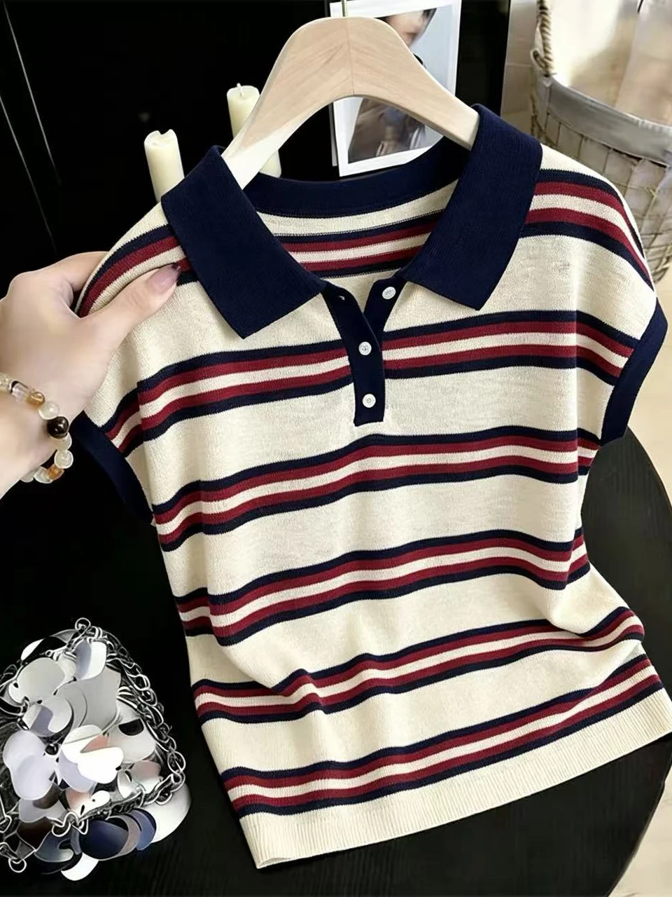 Slimming Striped Neck Short Sleeve T-Shirt Women's Summer Thin Loose Fit Top Fashion Classic Korean Style Breathable Ski...
Slimming Striped Neck Short Sleeve T-Shirt Women's Summer Thin Loose Fit Top Fashion Classic Korean Style Breathable Ski...
