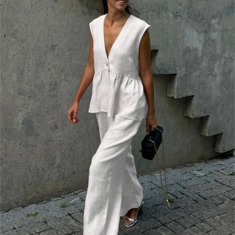 Women Loose White 2 Piece Sets V Neck Sleeveless Tank Top High Waist Wide Pants Suit Solid Elegant Casual Office Lady Outfits
Women Loose White 2 Piece Sets V Neck Sleeveless Tank Top High Waist Wide Pants Suit Solid Elegant Casual Office Lady Outfits