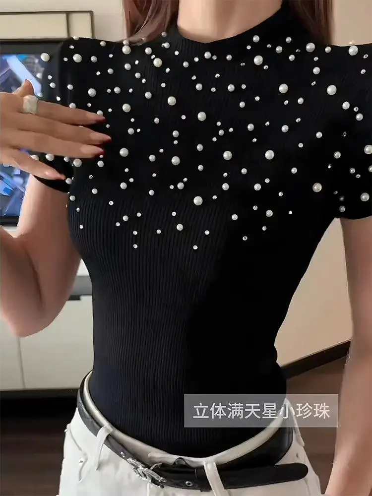 Luxury Pearl Short-sleeve Knit T-shirt Women Summer Top New Design Fitted Shirt Streetwear High-end Tshirt Y2k Top Pullover
Luxury Pearl Short-sleeve Knit T-shirt Women Summer Top New Design Fitted Shirt Streetwear High-end Tshirt Y2k Top Pullover
