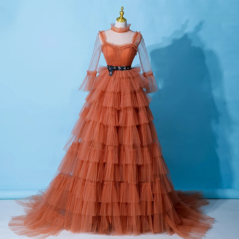 Evening Dress Orange Full Sleeves Pleat Floor Length Lace Up High Neck A-Line Tulle Elegant Plus Size Women Party Dresses B2653
Evening Dress Orange Full Sleeves Pleat Floor Length Lace Up High Neck A-Line Tulle Elegant Plus Size Women Party Dresses B2653