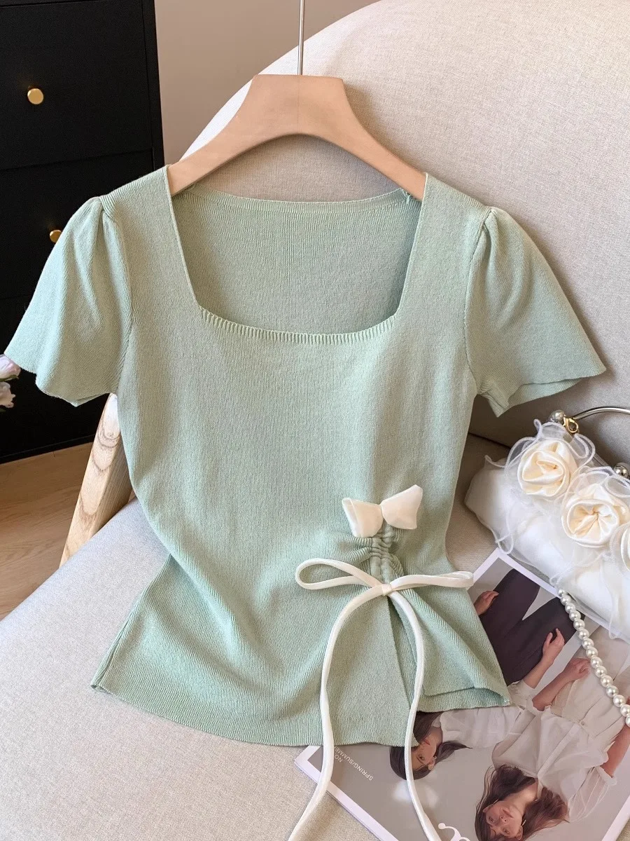 Mint Green 3D Flower Short Sleeve Women's T-shirt Summer Slim Fit Short Knitted Ice Silk Sweet Style Casual Fashion Top
Mint Green 3D Flower Short Sleeve Women's T-shirt Summer Slim Fit Short Knitted Ice Silk Sweet Style Casual Fashion Top