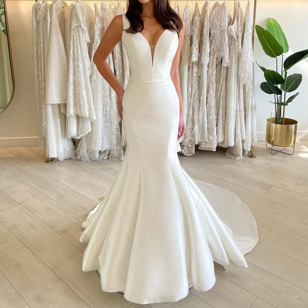 Mermaid Wedding Dress Ivory Satin Deep V Neck Belt Trumpet Wedding Gowns for Brides Sleeveless Elegant Bridal Dresses Long
Mermaid Wedding Dress Ivory Satin Deep V Neck Belt Trumpet Wedding Gowns for Brides Sleeveless Elegant Bridal Dresses Long
