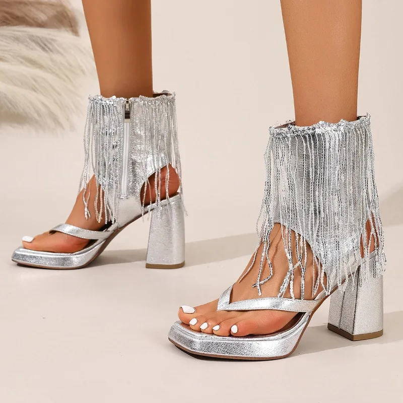 Summer Women's Cool Boots Fashion Square Head Open Toe Clamp Toe Cool Boots Golden Silvery Tassel Design High Heeled Cool Boots
Summer Women's Cool Boots Fashion Square Head Open Toe Clamp Toe Cool Boots Golden Silvery Tassel Design High Heeled Cool Boots