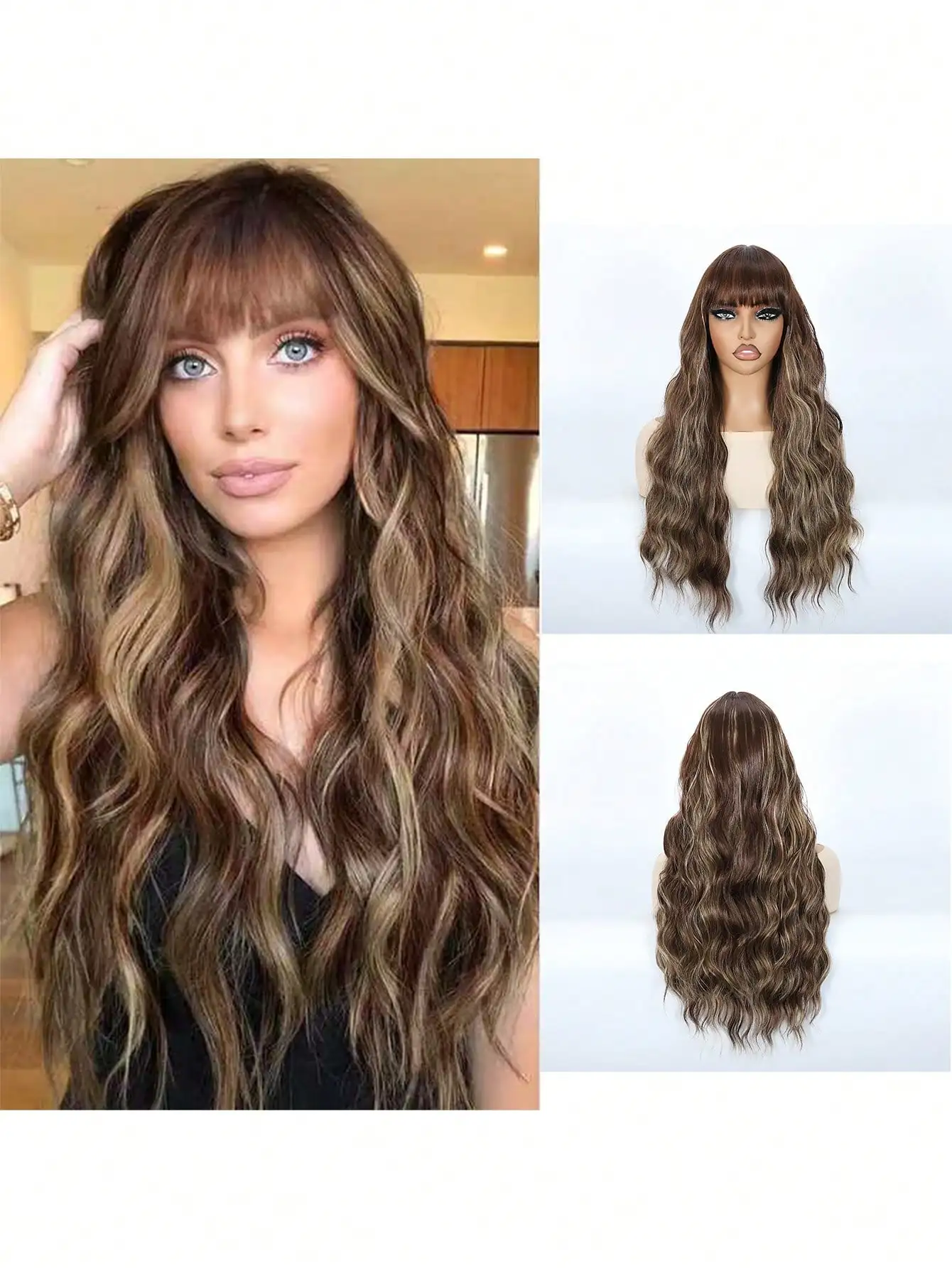 Коричневый парик с челкой, длинный волнистый, с мелированием в оттенках коричневого и блонда, с темными корнями, омбре, натуральный кудрявый, из термостойкого синтетического волокна
Коричневый парик с челкой, длинный волнистый, с мелированием в оттенках коричневого и блонда, с темными корнями, омбре, натуральный кудрявый, из термостойкого синтетического волокна