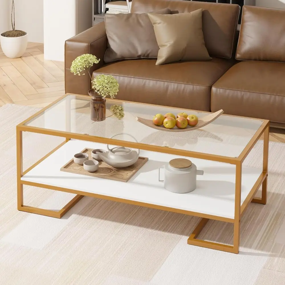Two-Tier Tempered Glass Coffee Table with Metal Frame and Open Storage Shelf for Living Room or Office, White
Two-Tier Tempered Glass Coffee Table with Metal Frame and Open Storage Shelf for Living Room or Office, White